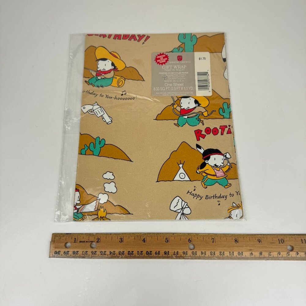 Vtg Cowboys Indians Western Gift Wrap Sheet Paper Birthday‎ Tan Brown American